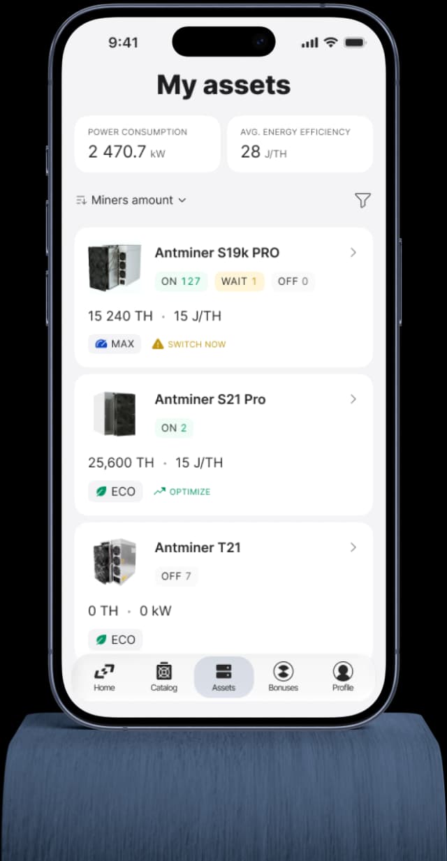 Cuverse mobile app showing the My assets screen with a list of miners